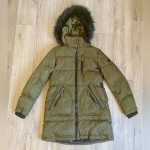 Vince Camuto Olive Green Down Puffer Coat with Faux Fur Trim Removable Hood
